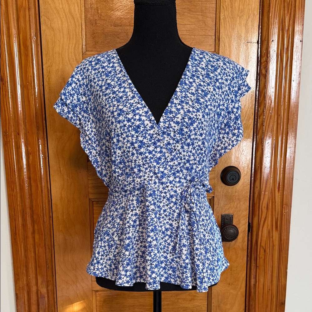 Elegant Blue Floral Wrap Blouse